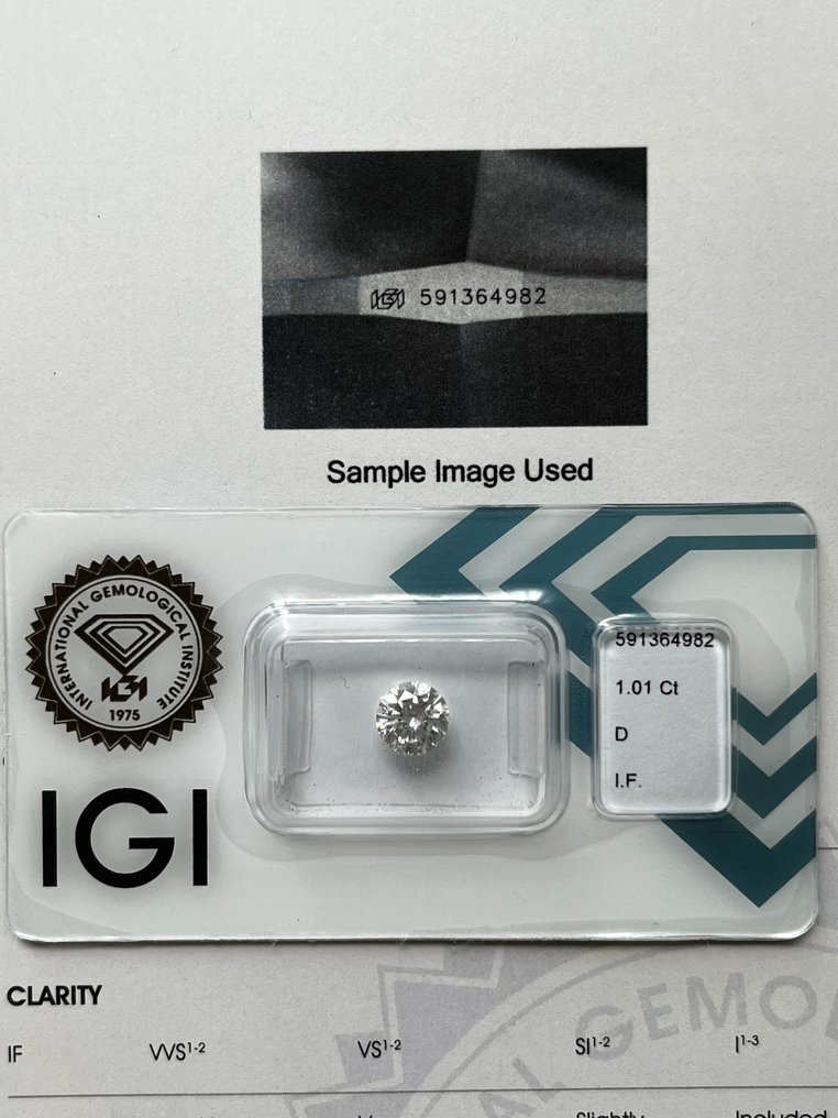1 pcs Diamante  (Natural)  - 1.01 ct - Redondo - D (incoloro) - IF - International Gemological Institute (IGI) #2.1