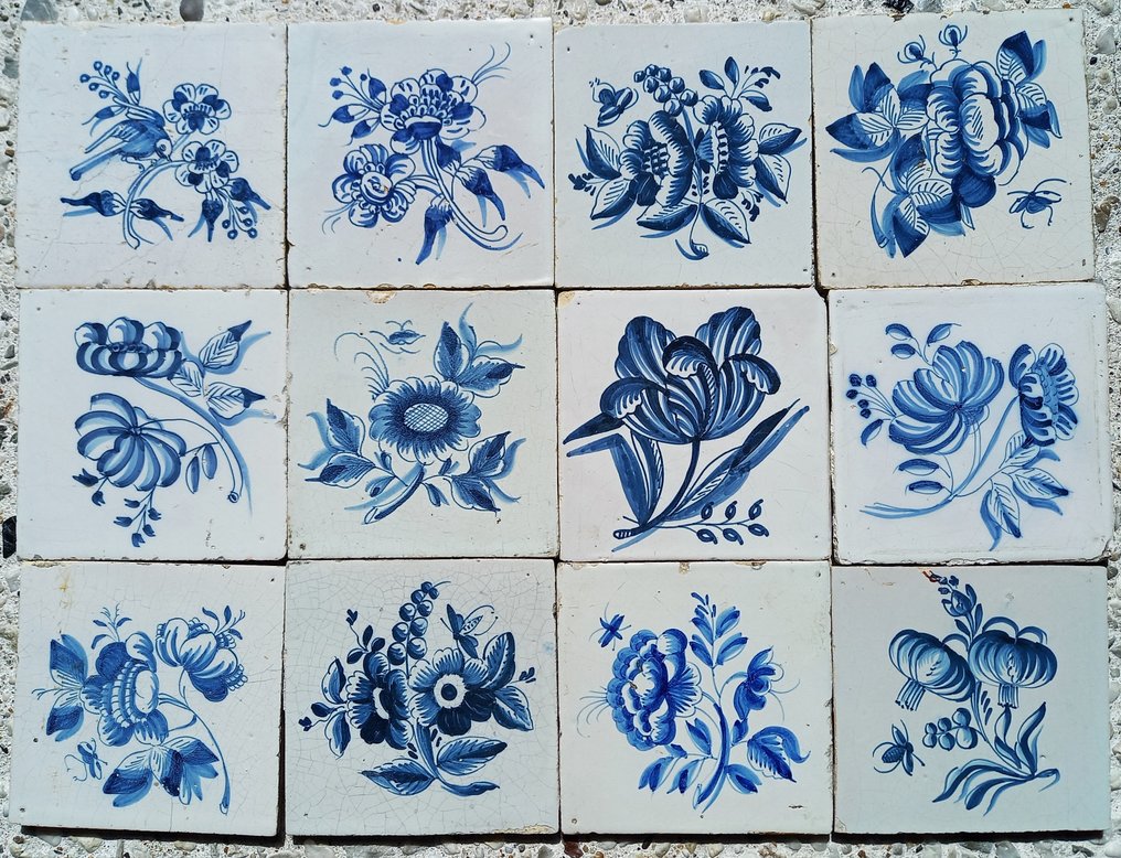  瓷磚 - 12 塊古董代爾夫特藍色瓷磚，即所謂的弗里斯蘭花。 - 1750-1800  #2.2