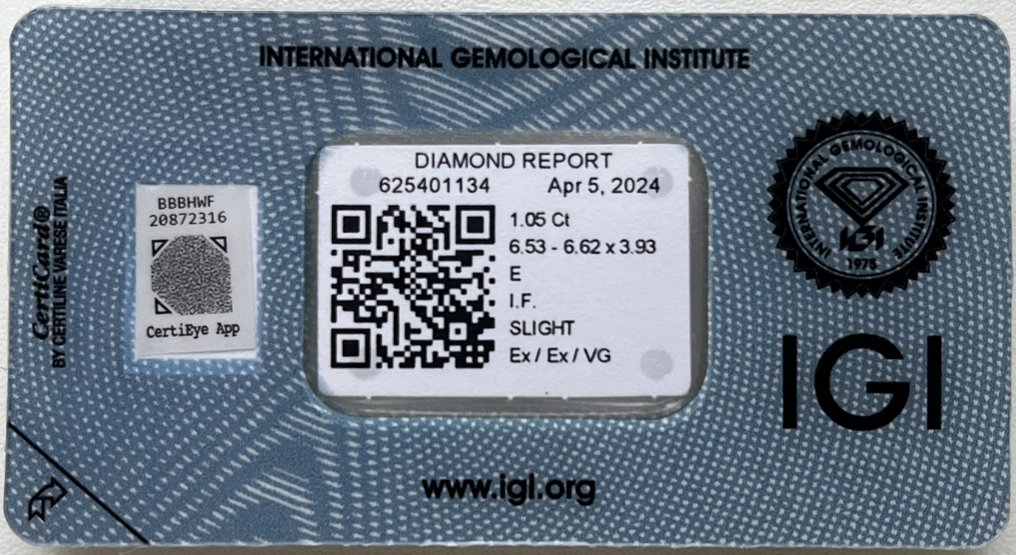 1 pcs Diament  (Naturalny)  - 1.05 ct - okrągły - E - IF - International Gemological Institute (IGI) #3.1