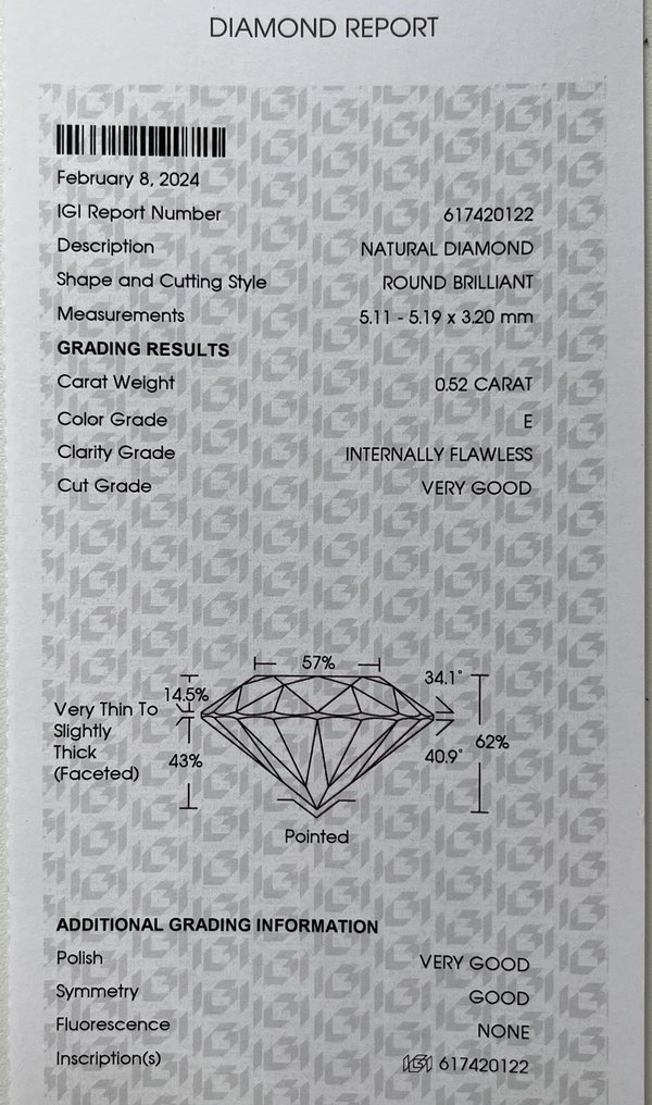 1 pcs Diamant  (Natur)  - 0.52 ct - Rund - IF - International Gemological Institute (IGI) #2.1