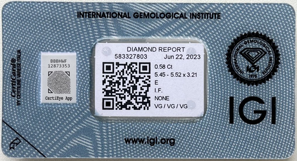 1 pcs Diamond  (Natural)  - 0.58 ct - Round - E - IF - International Gemological Institute (IGI) #3.1