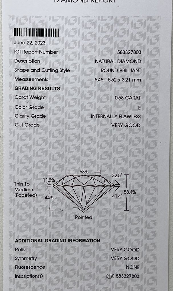 1 pcs Diamond  (Natural)  - 0.58 ct - Round - E - IF - International Gemological Institute (IGI) #2.1