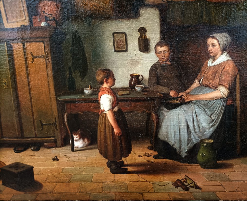 Omgeving van Basile de Loose (1809-1885) - Interieur met moeder en vader en kind en poes #2.2