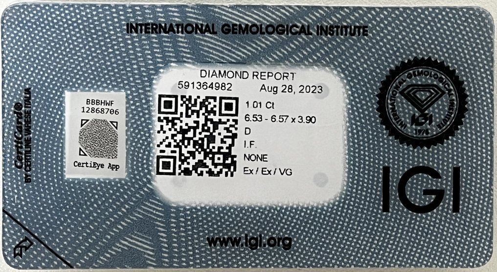 1 pcs Diamant  (Natuurlijk)  - 1.01 ct - Rond - D (kleurloos) - IF - International Gemological Institute (IGI) #3.1