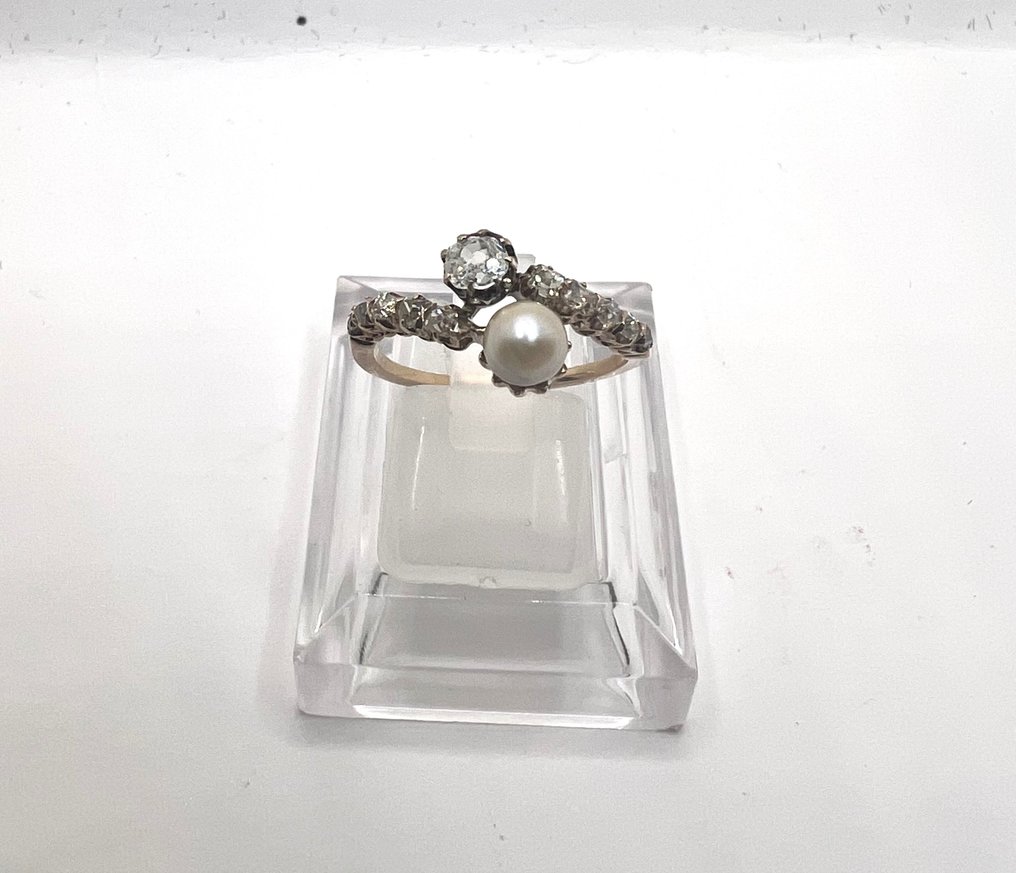Ring - 14 karat Gull Diamant  (Naturlig) - Perle #1.1