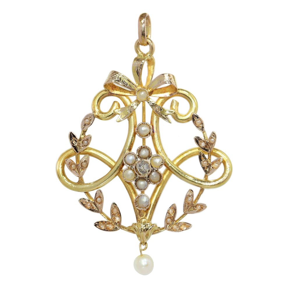 Vintage antique anno 1900 - Anhänger - 18 kt Gelbgold, Roségold Perle - Diamant #1.1