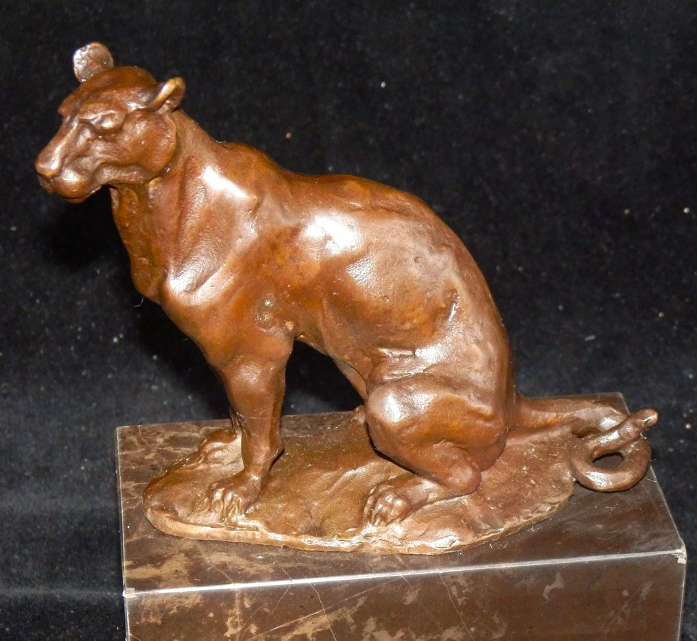 Veistos, Zware Bronzen Jaguar - Panter op marmeren voet - After Louis-Albert Carvin (1875-1951) - 18 cm - Marmori, Pronssi - 2000 #1.2