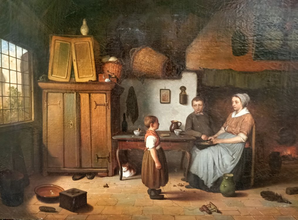 Omgeving van Basile de Loose (1809-1885) - Interieur met moeder en vader en kind en poes #1.1