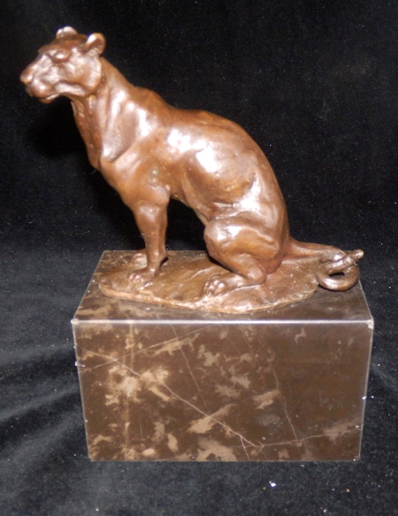sculptuur, Zware Bronzen Jaguar - Panter op marmeren voet - After Louis-Albert Carvin (1875-1951) - 18 cm - Brons, Marmer - 2000 #2.1