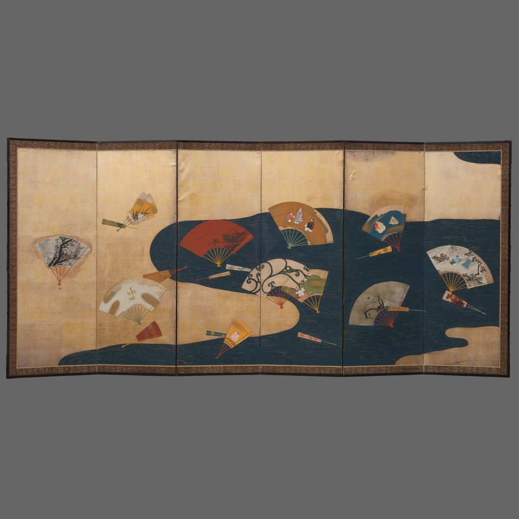 Byôbu (schermo pieghevole) - Foglia d'argento dorata, legno laccato, metallo dorato - Giappone - Periodo finale dell'Edo (prima metà del XIX secolo) #1.0