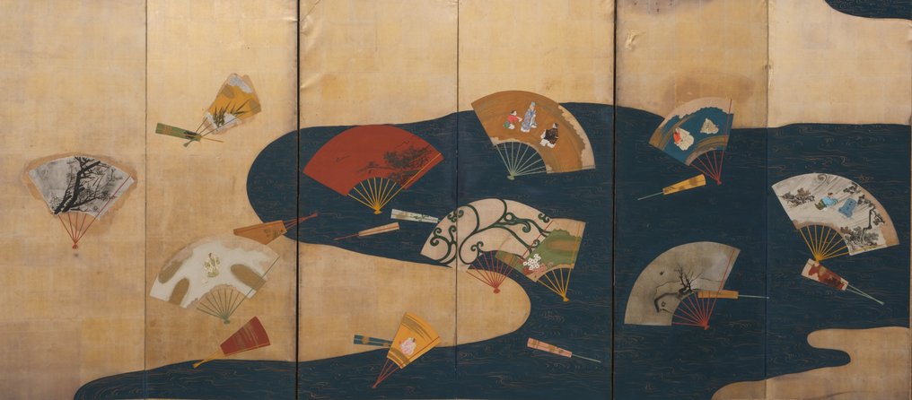 Byôbu (schermo pieghevole) - Foglia d'argento dorata, legno laccato, metallo dorato - Giappone - Periodo finale dell'Edo (prima metà del XIX secolo) #1.0