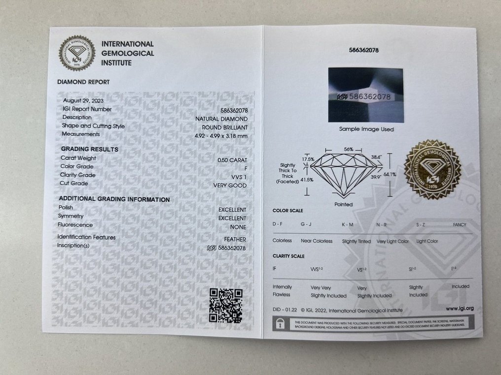 No Reserve Price - 1 pcs Diamond  (Natural)  - 0.50 ct - Round - F - VVS1 - International Gemological Institute (IGI) #1.3