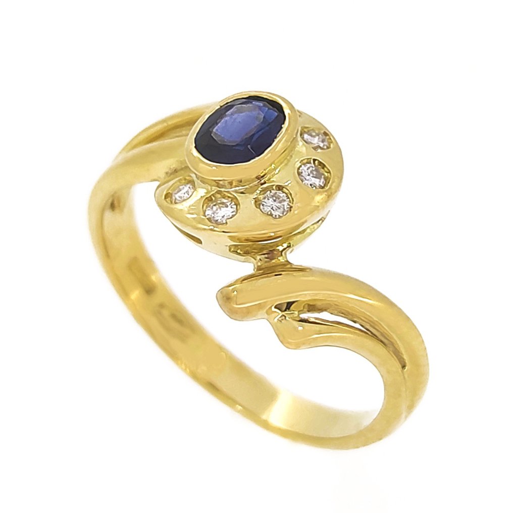 戒指 - 18 克拉 黃金 -  0.11ct. tw. 鉆石 - 藍寶石 #1.2