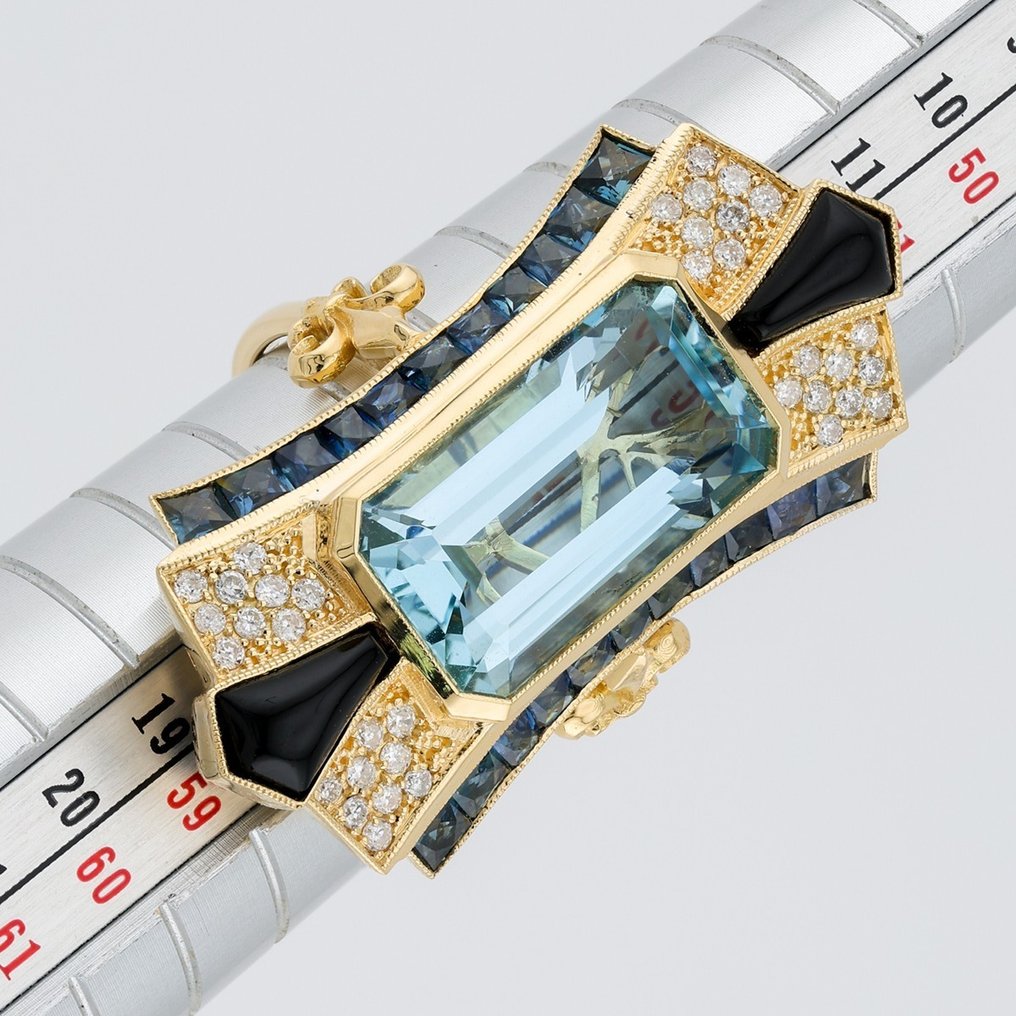 (IGI Certified)-Aquamarine (6.97) Cts Sapphire (1.47) Cts (22) Pcs Onxy (0.97) Cts (2) -Diamond - Δαχτυλίδι - 18 καράτια Κίτρινο χρυσό #2.1