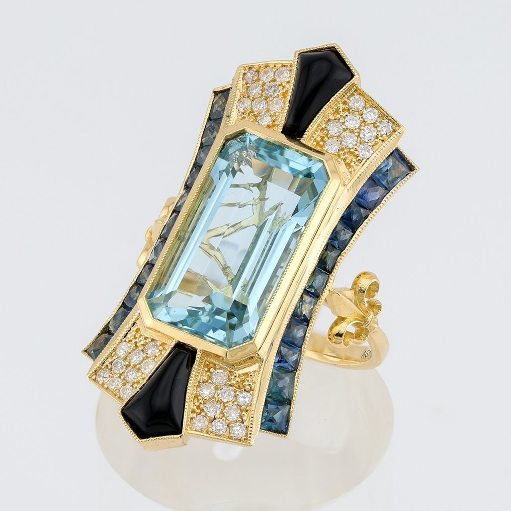 (IGI Certified)-Aquamarine (6.97) Cts Sapphire (1.47) Cts (22) Pcs Onxy (0.97) Cts (2) -Diamond - Δαχτυλίδι - 18 καράτια Κίτρινο χρυσό #1.2