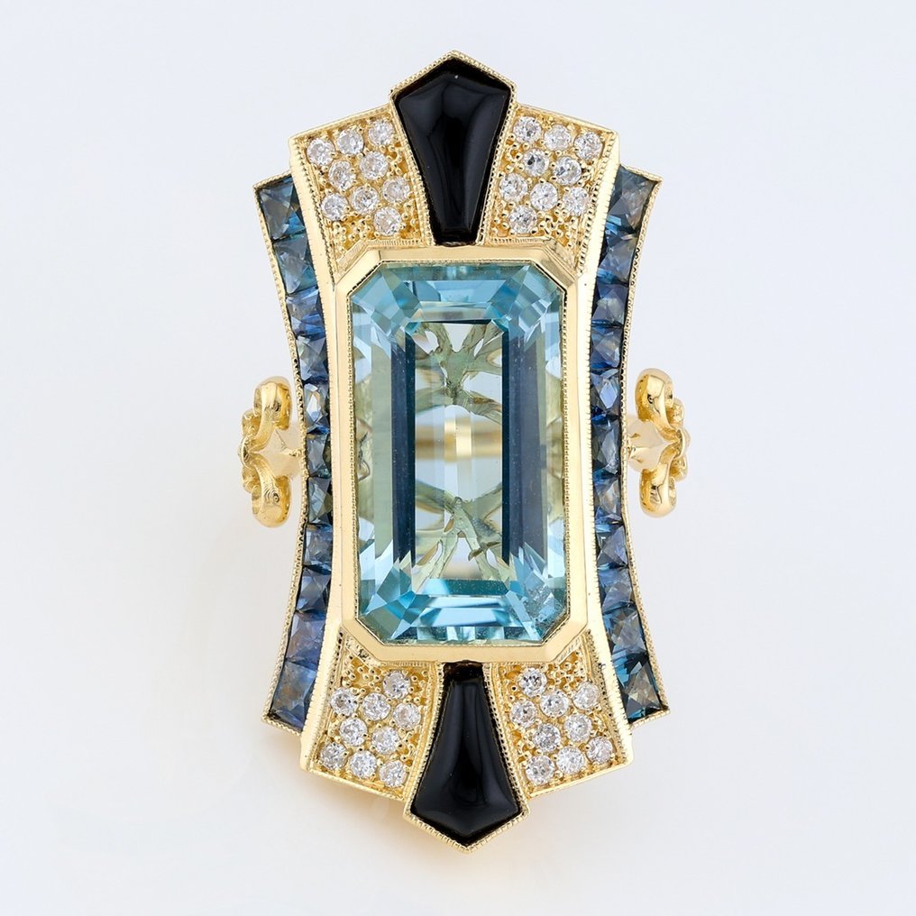(IGI Certified)-Aquamarine (6.97) Cts Sapphire (1.47) Cts (22) Pcs Onxy (0.97) Cts (2) -Diamond - Ring - 18 kt Gult guld #1.1
