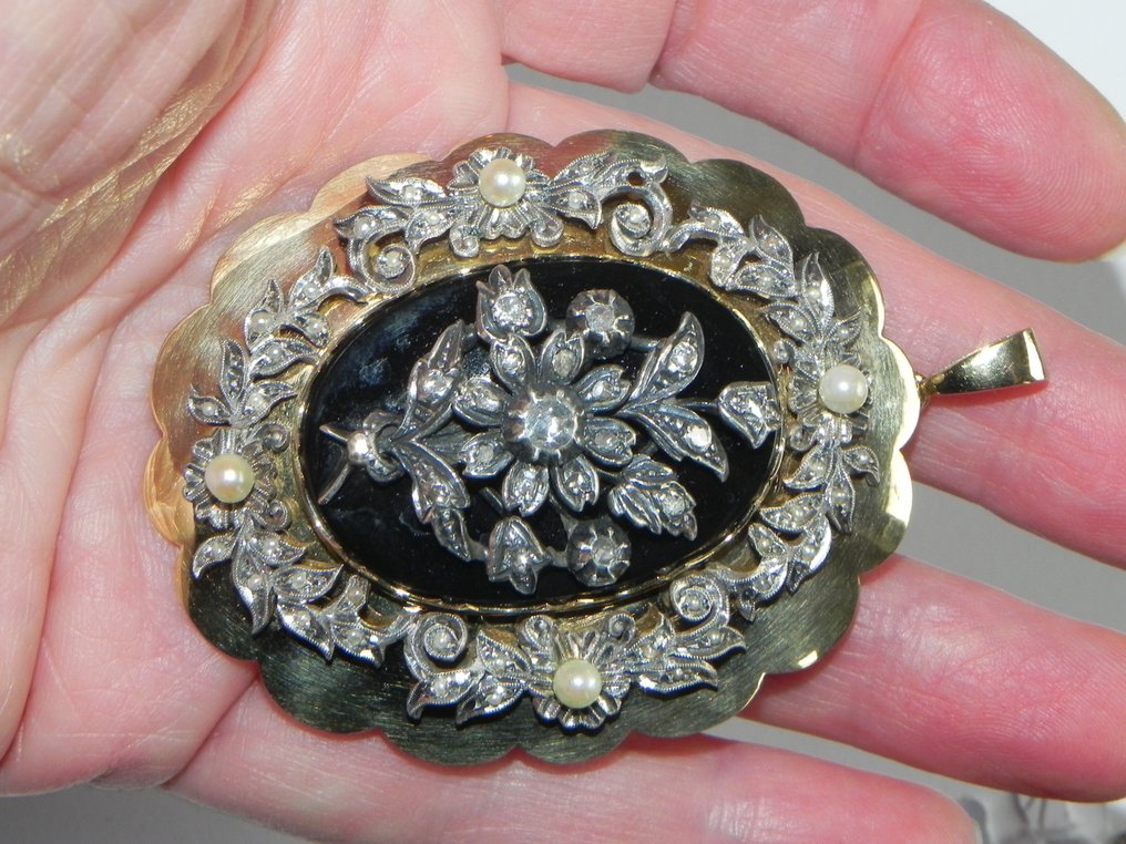 胸針 - 14 克拉 黃金 鉆石 (天然)  - 瑪瑙 #1.0