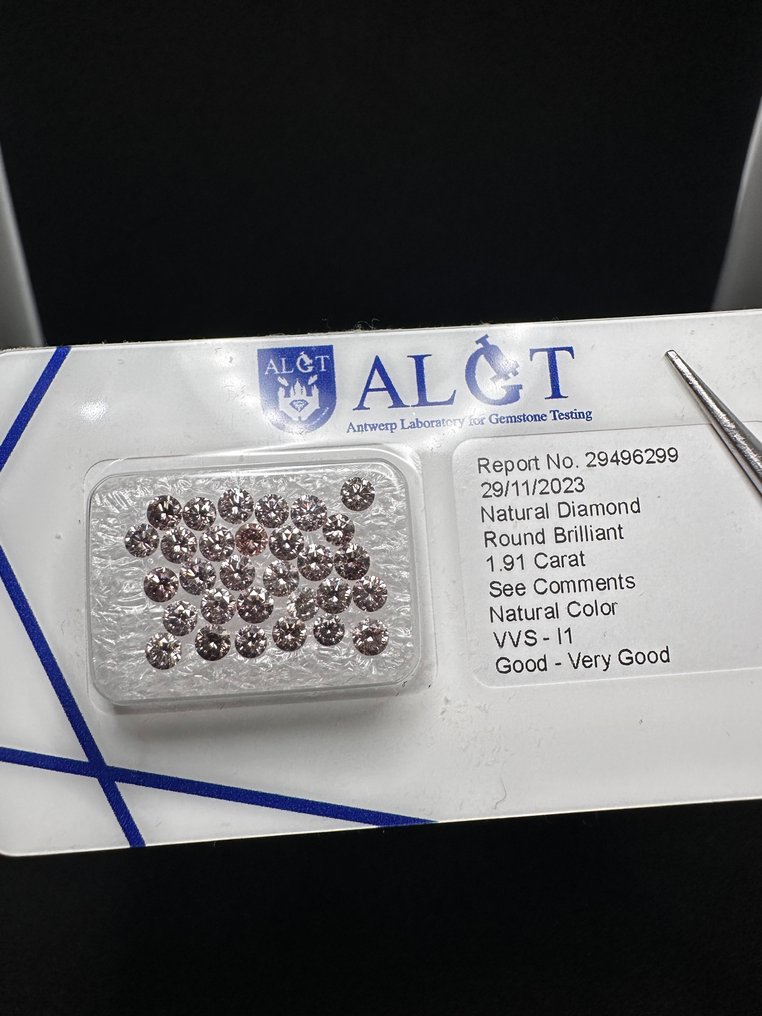 30 pcs Diament  (W kolorze naturalnym)  - 1.91 ct - okrągły Mieszany różowy - I1 (z inkluzjami), VVS1 (z bardzo, bardzo nieznacznymi inkluzjami) - Antwerp Laboratory for Gemstone Testing (ALGT) #1.1