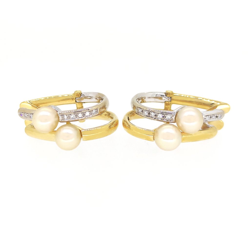 Earrings - 18 kt. White gold, Yellow gold -  0.32 tw. Diamond  (Natural) - Pearl  #1.1