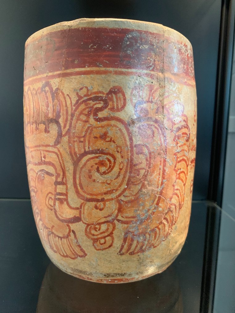 Maya culture Ceramic Mayan Feathered Serpent Cylinder Classic Maya period 600-900 A.D. Ex-Sotheby's - 19 cm #1.1