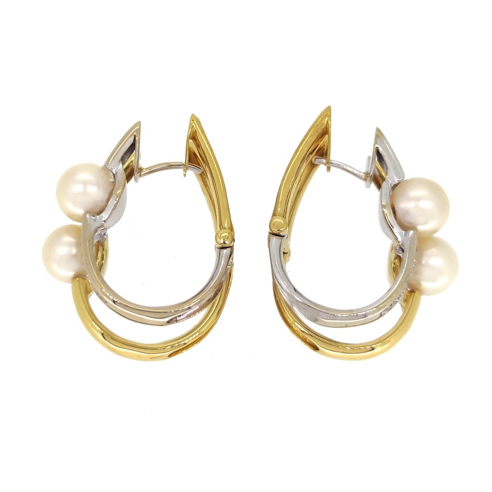 Earrings - 18 kt. White gold, Yellow gold -  0.32 tw. Diamond  (Natural) - Pearl  #1.2