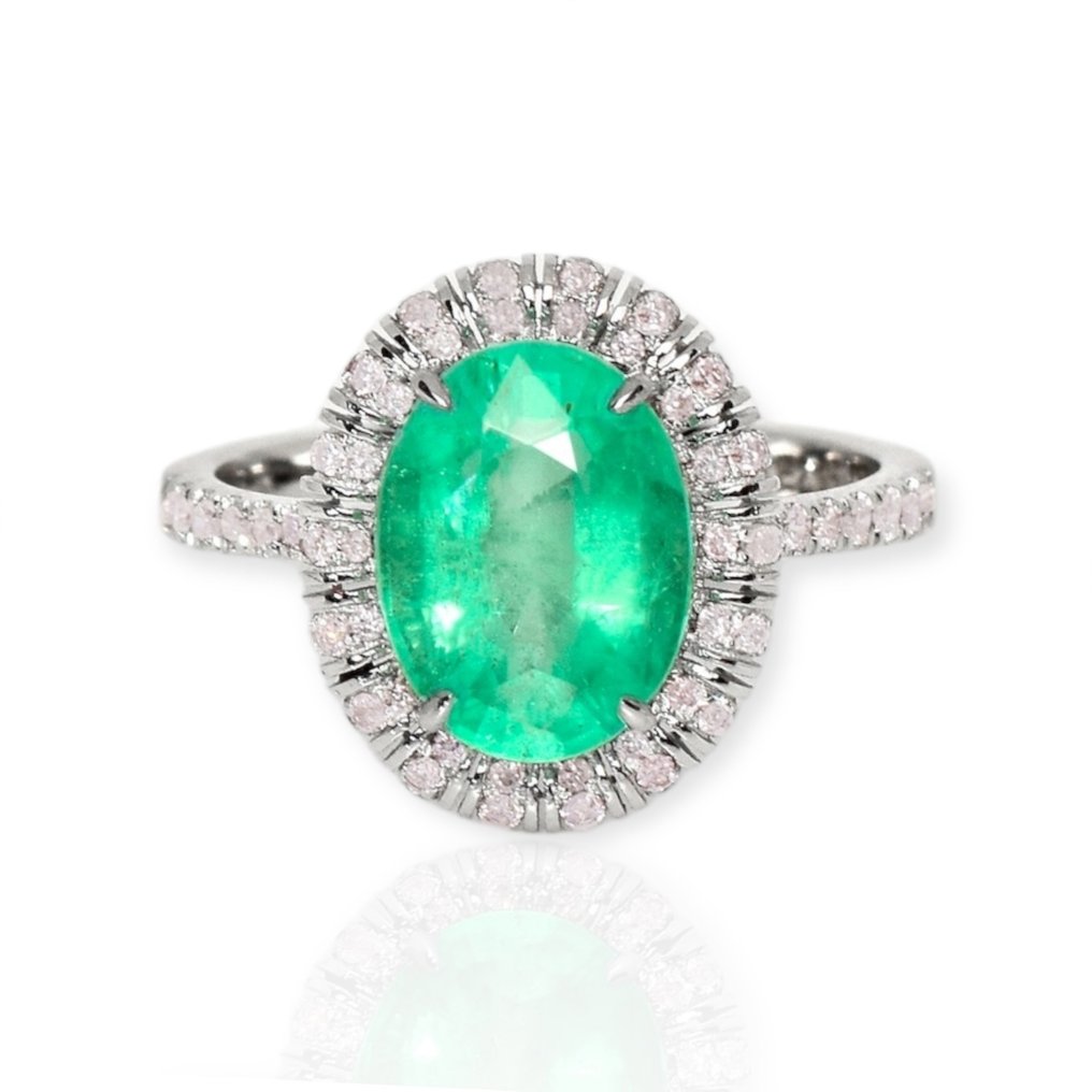 IGI 2.95 Ct Natural Bluish Green Emerald with 0.43 Ct Pink Diamonds - Bague - 14 carats Or blanc Émeraude - Diamant #1.1