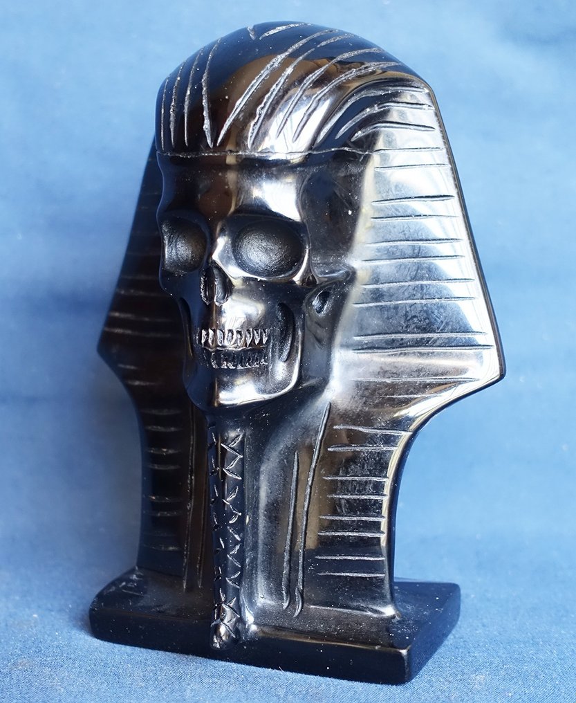 Handgeschnitzte Pharao-Schädelskulptur aus schwarzem Obsidian – Superrealistische Serie Schnitzerei - Höhe: 130 mm - Breite: 90 mm- 425 g #2.1