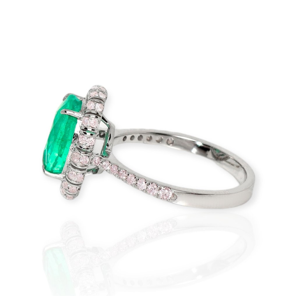 IGI 2.95 Ct Natural Bluish Green Emerald with 0.43 Ct Pink Diamonds - Bague - 14 carats Or blanc Émeraude - Diamant #2.1