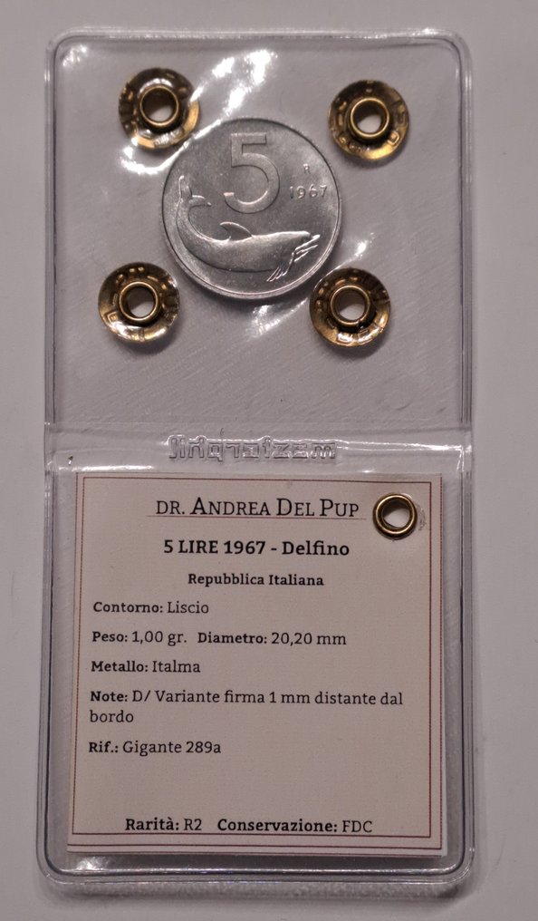 Olaszország - Olasz Köztársaság. 5 Lire 1967 "Delfino" Variante Firma Distante - R2  (Nincs minimálár) #1.1