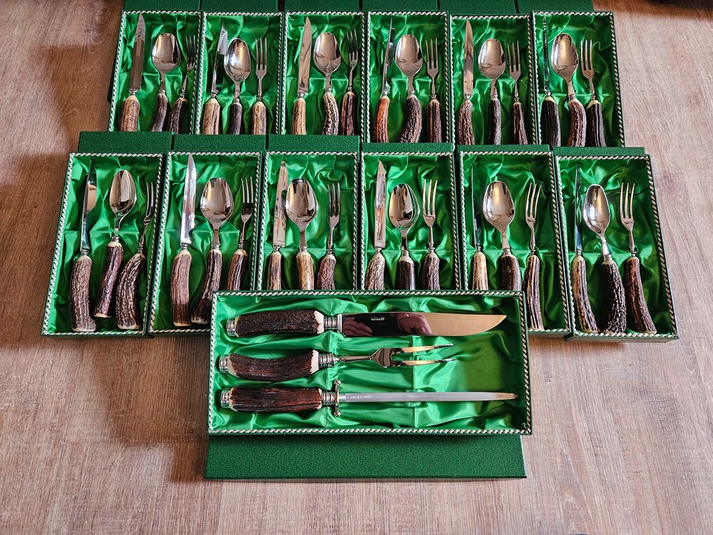 CMS Carl Mertens Solingen - Carl Mertens - Cutlery set for 12 (39) - Hunting cutlery - Stag horn cutlery - Stainless steel / stag horn #1.1