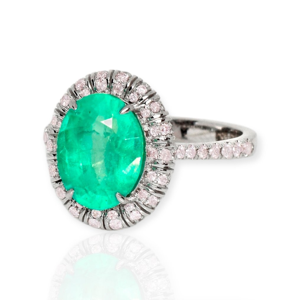 IGI 2.95 Ct Natural Bluish Green Emerald with 0.43 Ct Pink Diamonds - Bague - 14 carats Or blanc Émeraude - Diamant #1.2