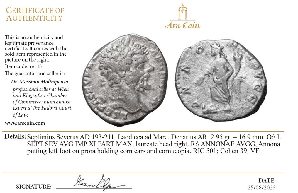 Roman Empire. Septimius Severus (AD 193-211). Denarius Rome - Annona #2.1