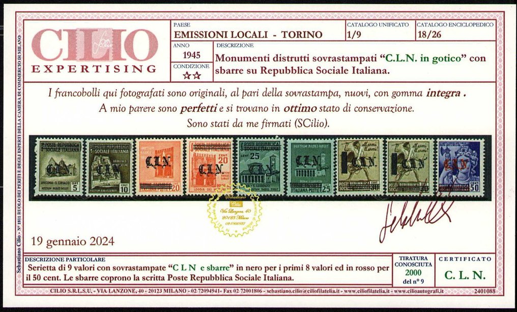 Italy 1945 - CLN Torino, series of 9 values. Certificates - CEI N. 18/26 #3.1