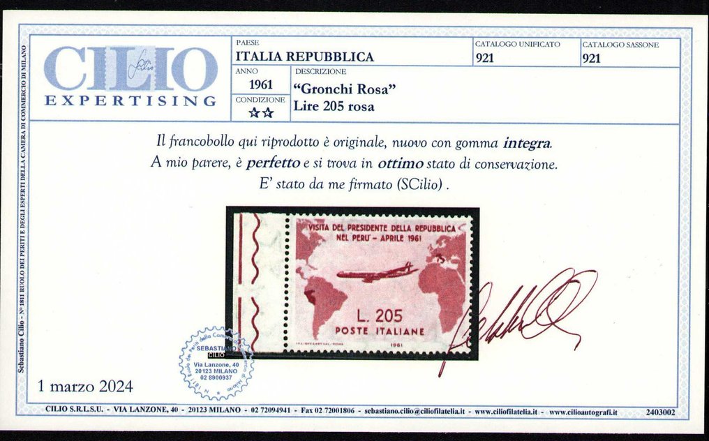 Italie 1961 - Gronchi Rosa, splendide exemple de marge de feuille. Certificat - Sassone 921 #2.2