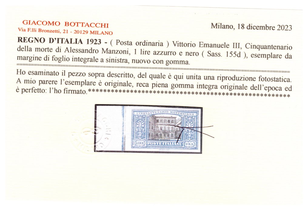 Königreich Italien 1923/1923 - schöne 1 Lire Manzoni nicht perforiert, Bottacchi-zertifiziert - sassone 155d #2.2