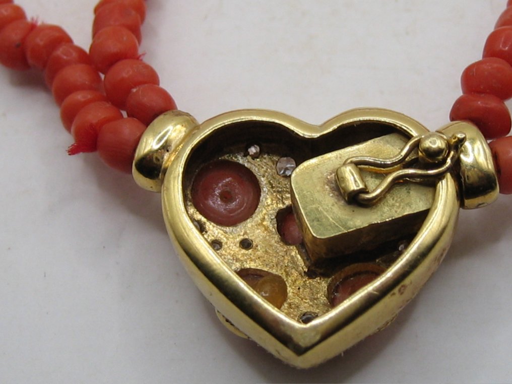 Necklace Yellow gold, Sardegna coral necklace 12g 20 carat gold 15 old cut diamonds heart around 1900 Italy Coral #3.2