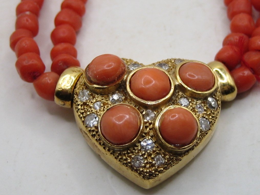 Necklace Yellow gold, Sardegna coral necklace 12g 20 carat gold 15 old cut diamonds heart around 1900 Italy Coral #3.1