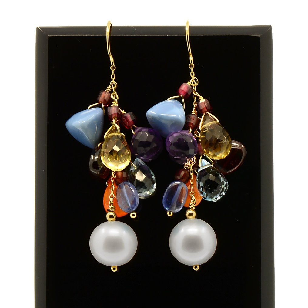 No Reserve Price - Earrings - 18 kt. Yellow gold Pearl - Mixed gemstones #1.2