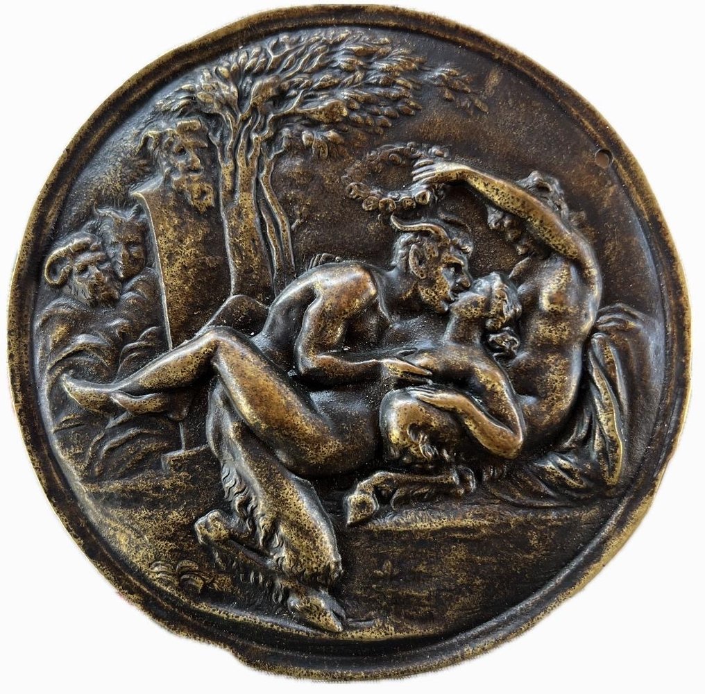 Medaglia in Bronzo -  Fauno con Ninfa - nello stile di Clodion (1738 - 1814) - Medaglia  #1.1