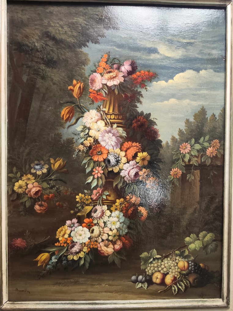 Edoardo Anselli (XX) - Coppia di nature morte con fiori e frutta su sfondo di paesaggio #1.2