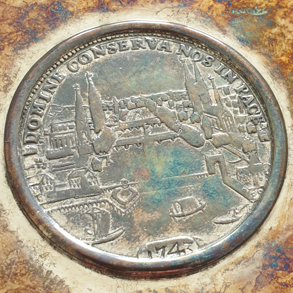 Svájc - Zürich. Thaler (taler) 1743, Stadtansicht (RARE!) - mounted in handmade Silver (.800) Bowl #2.1