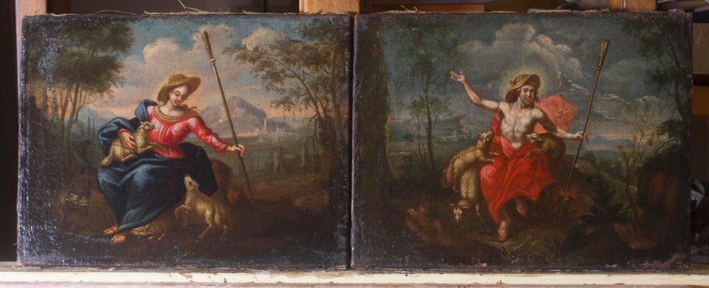 Scuola Fiammingo-Olandese (XVII) - Lotto di 2 dipinti con Gesù come buon pastore e la Pastorella #2.1