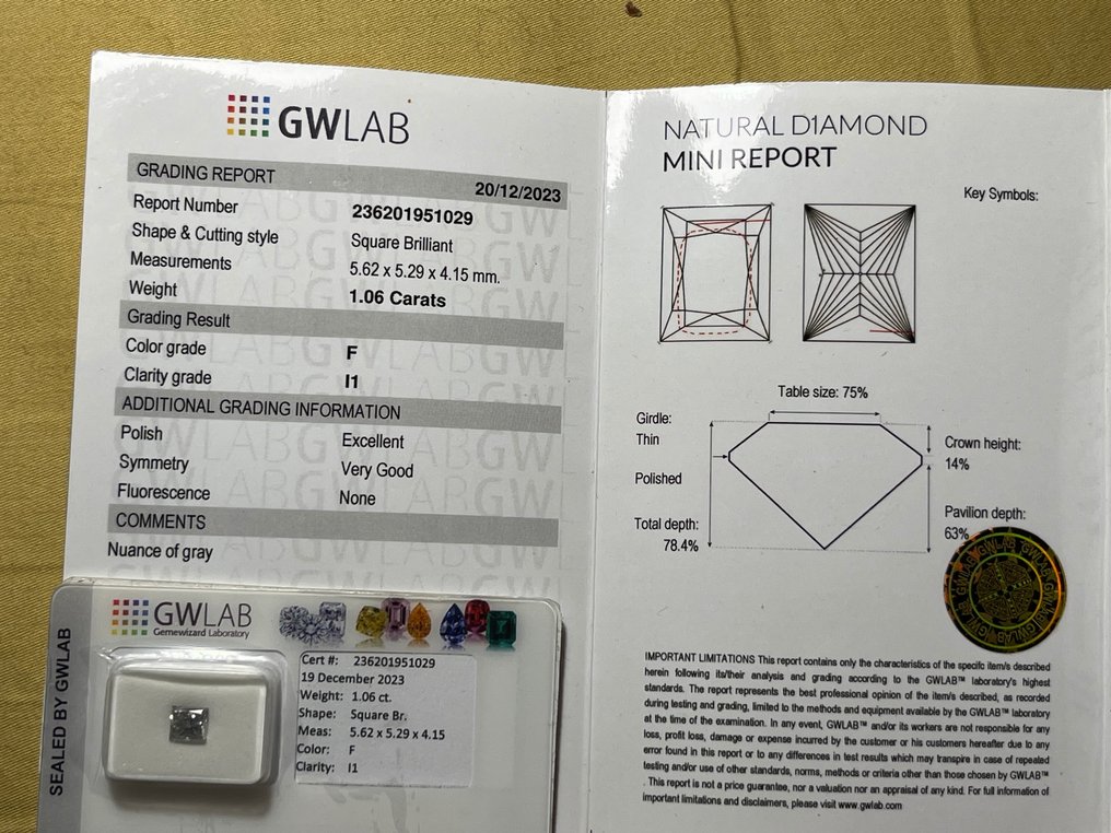 1 pcs Diamante  (Naturale)  - 1.06 ct - Quadrato - F - I1 - Gemewizard Gemological Laboratory (GWLab) #2.3