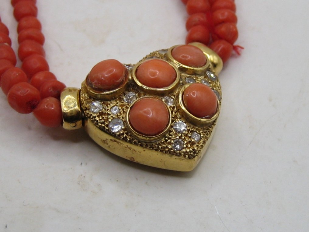 Necklace Yellow gold, Sardegna coral necklace 12g 20 carat gold 15 old cut diamonds heart around 1900 Italy Coral #2.1