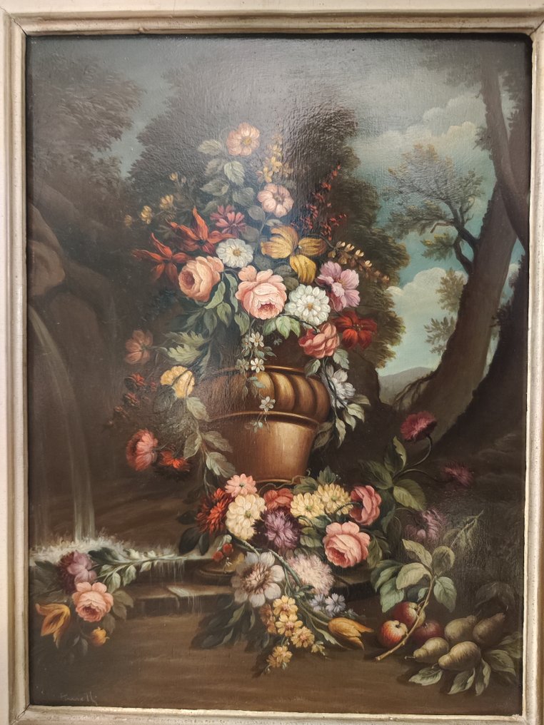 Edoardo Anselli (XX) - Coppia di nature morte con fiori e frutta su sfondo di paesaggio #2.1