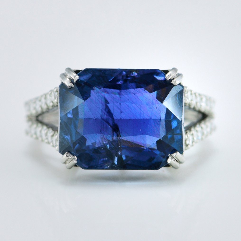 戒指 白金 -  10.98ct. tw. 蓝宝石 - 钻石 - 无热蓝宝石戒指 #1.1