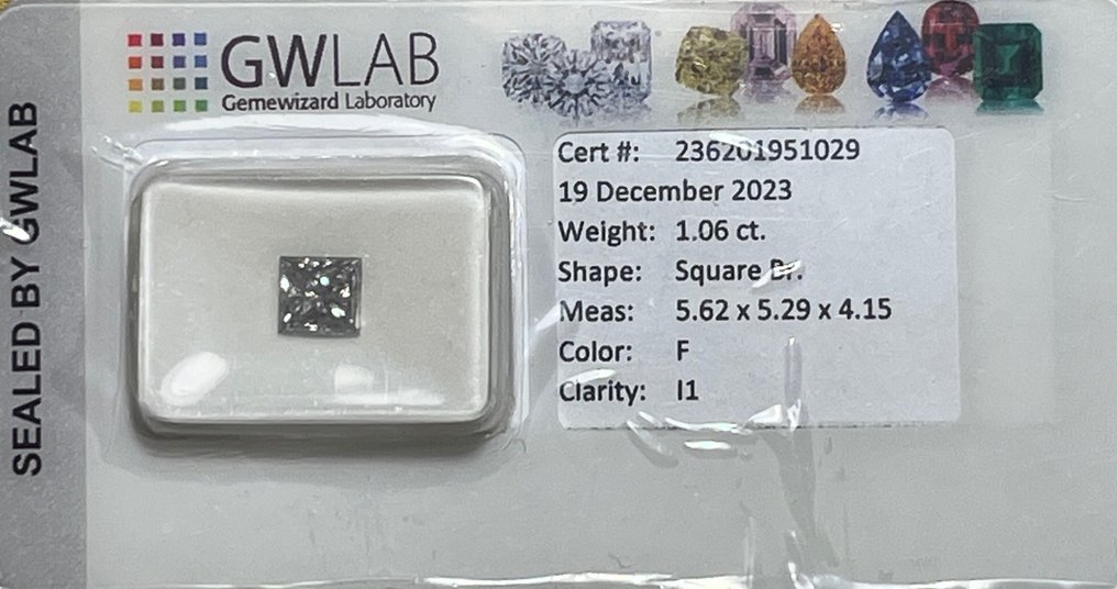1 pcs Diamant  (Natural)  - 1.06 ct - Pătrat - F - I1 - GWLab (Laboratorul gemologic Gemewizard) #1.1