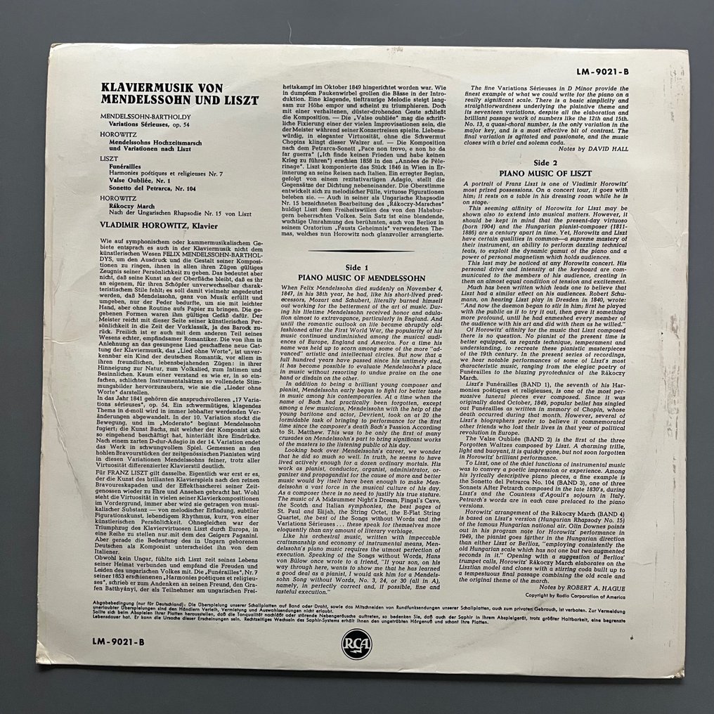 Vladimir Horowitz - Piano Misic of Mendelssohn and Liszt (Warhol cover, 1st German pressing) - Vinylschallplatte - Erstpressung - 1954 #1.2