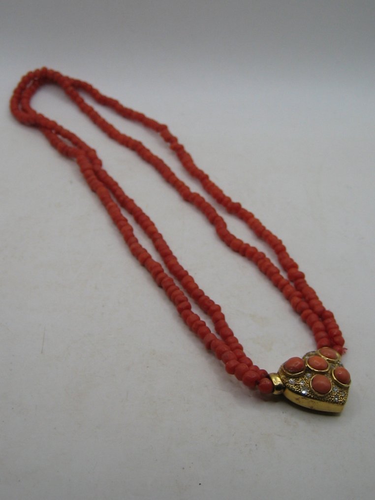 Necklace Yellow gold, Sardegna coral necklace 12g 20 carat gold 15 old cut diamonds heart around 1900 Italy Coral #1.2