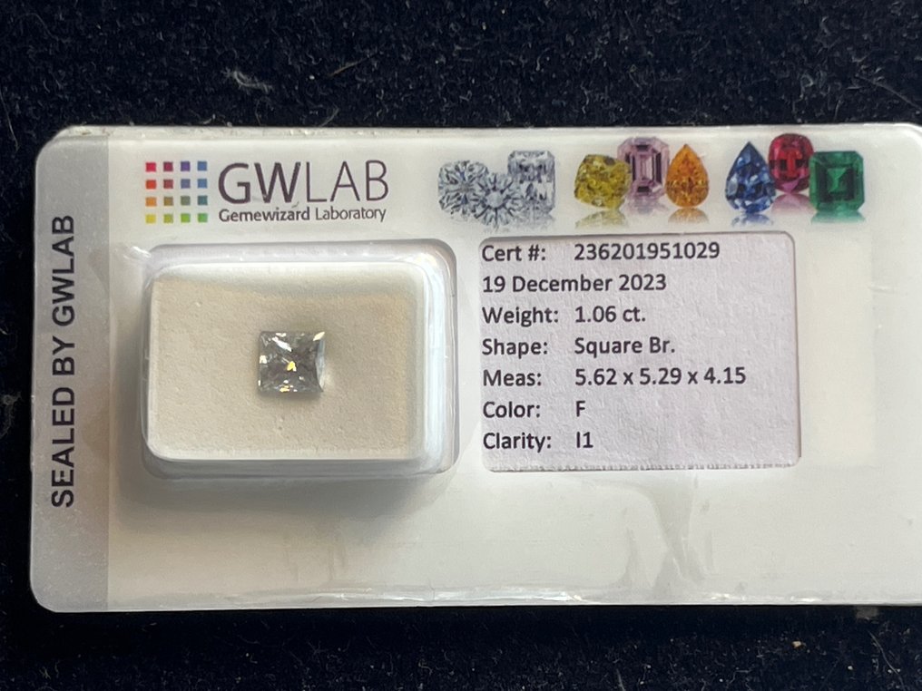 1 pcs Diamant  (Natural)  - 1.06 ct - Pătrat - F - I1 - GWLab (Laboratorul gemologic Gemewizard) #3.1